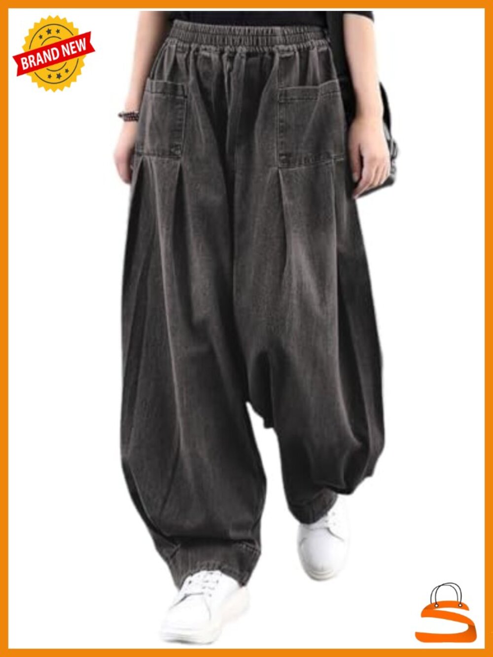 Denim Harem Pants Elastic Waist Pleated Wide Leg Baggy Jeans